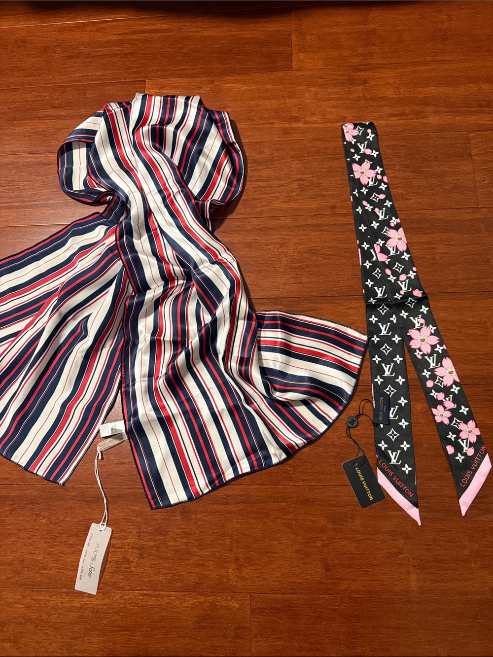 Louis Vuitton Black & Pink Monogram Floral Bandeau and Striped Silk Scarf Set